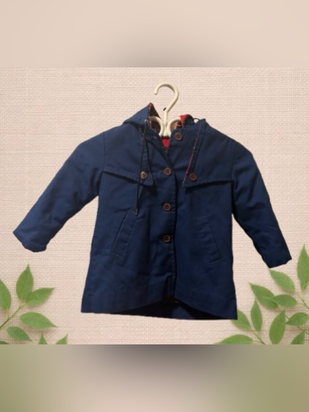 Toddler Navy Hooded Coat 2T Plaid Lining Double‑Breasted